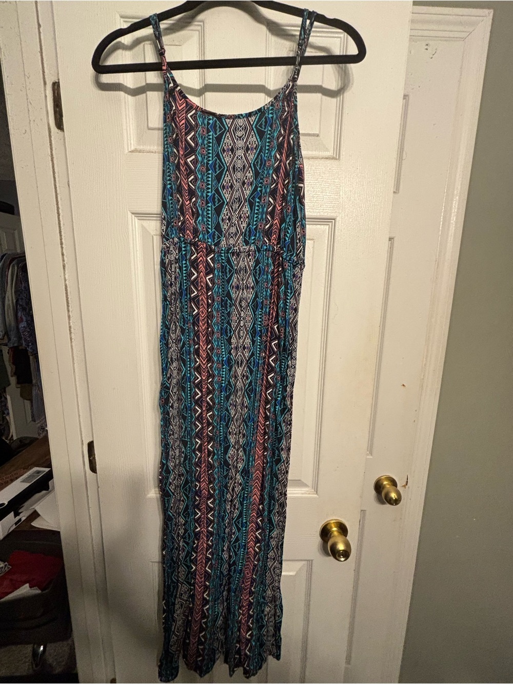 Bohemian Striped Maxi Dress in Teal and Coral Small